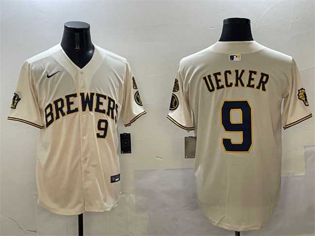 Mens Milwaukee Brewers #9 Bob Uecker Cream With Home Patch Limited Stitched Jersey